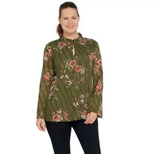 NWT DU JOUR LONG SLV FLORAL CLIP DOT TOP OLIVE XS